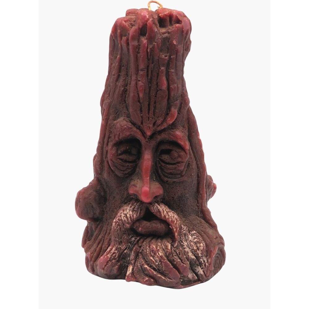Vtg 1970s Green Man Tree Spirit Figural Wax Candle Burgundy Bark Face 8" Tall